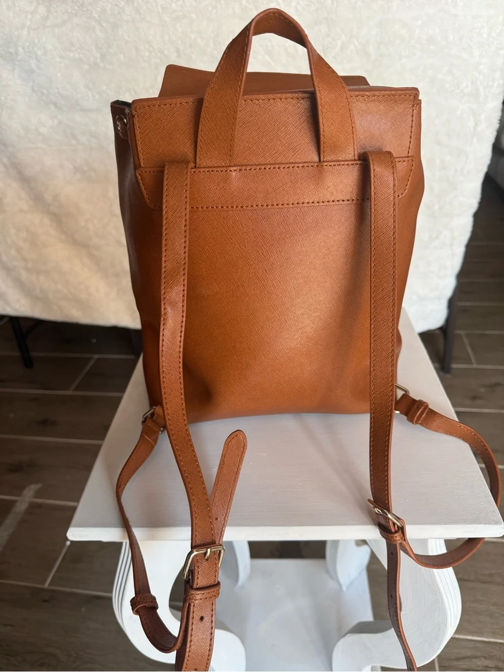 Barneys New York Cognac Saffiano Leather Bucket Backpack